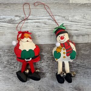 Vintage Handmade Santa & Snowman Fabric Ornaments Jingle Bell Feet Set